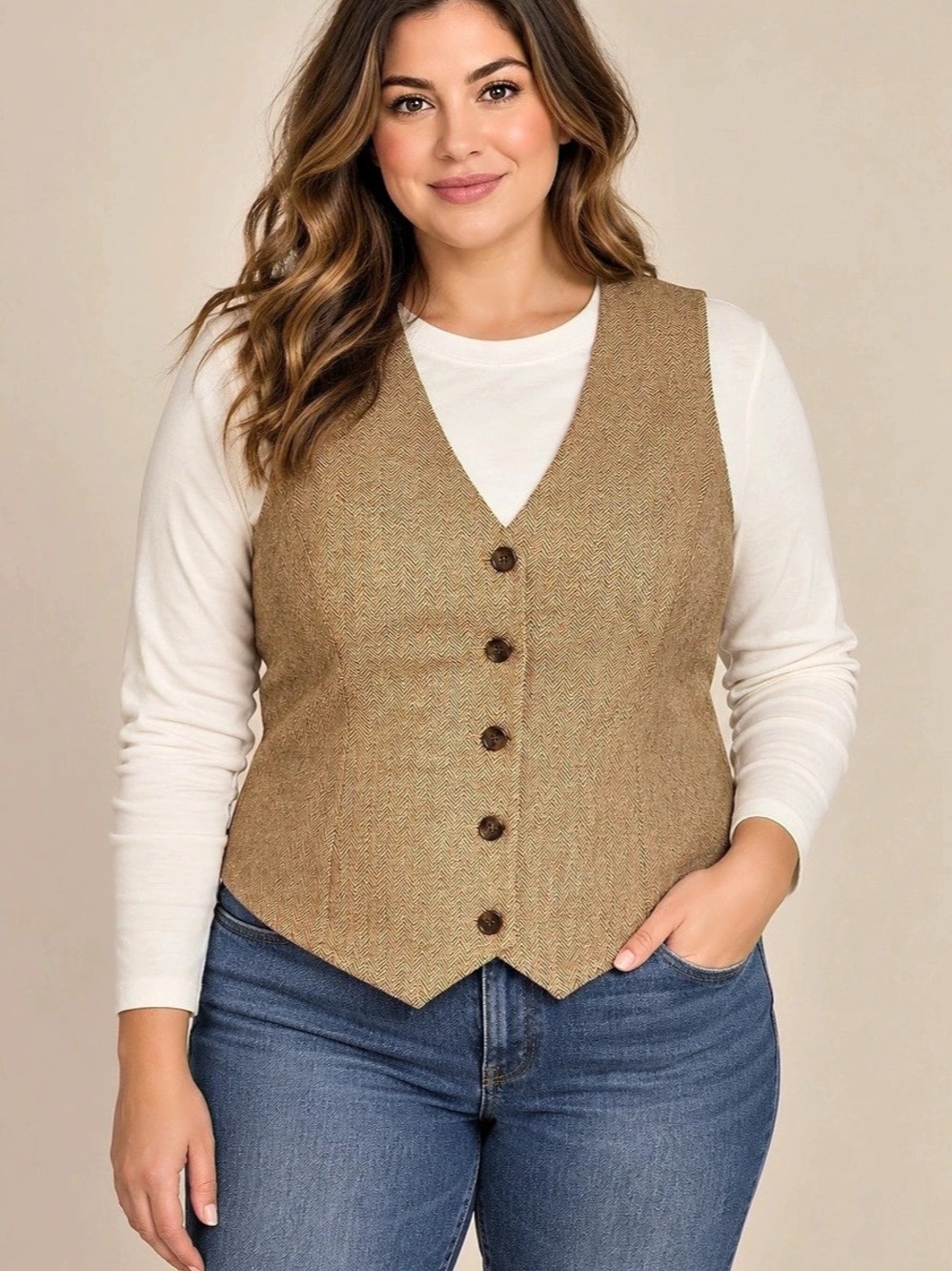 J.Crew Herringbone Wool Blend Button-Front Vest Brown & White Size 18